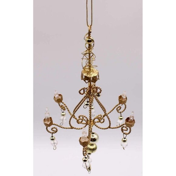 Chandelier Ornate Crystal Bead Ornament Mini Decor Doll House Holiday Gold Tone - Picture 5 of 9
